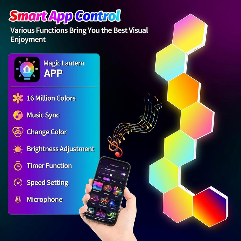 Hervika 12 Pack DIY Hexagon LED Lights, Music Sync RGB Gaming Lights with APP Smart Wall Lights for Bedroom Living Room Decor - Image 2
